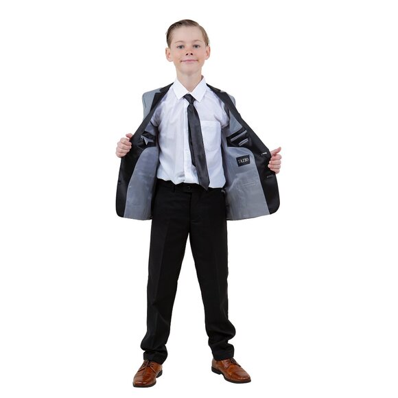 Boys 4pc Gray Suit Set Slim-Fit w/ Tuxedo Look by Tazzio - Picture 2 of 4